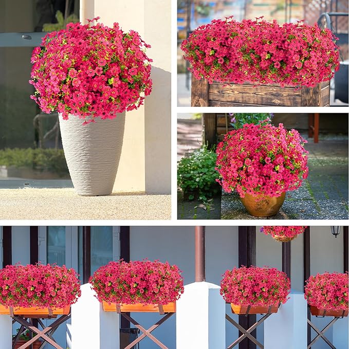 24 Bundles Artificial Flowers for Outdoors Decorations, Fake Flowers Artificial Plants Outdoor, Colorful Daisy Eucalyptus Realistic UV Resistant for Garden Patio Porch Home Decor, Rose Red