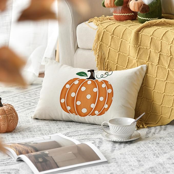 AVOIN colorlife Fall Polka Dots Pumpkin Throw Pillow Cover 12x20 Inch, Seasonal Autumn Thanksgiving Harvest Decoration for Home Sofa Couch