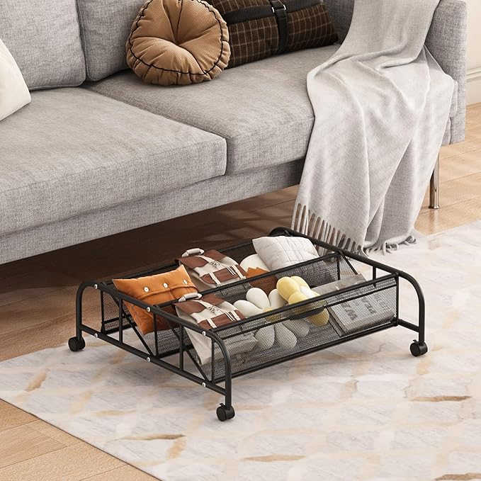 2 Tier Shoe Rack Underbed Organizer Storage Rack with Wheels Woven Mesh Cloth Shoe Organizer Drawer Space Saving for Bedroom (Black, 2 Pack)