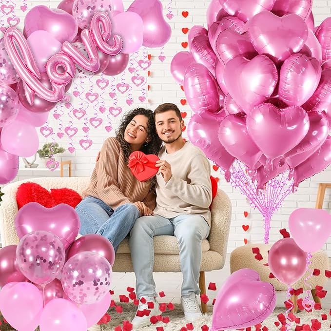 Pink Valentines Day Decorations with Heart Balloons and Love Balloon, Fake Rose Petals for Wedding Decor, Anniversary Decorations Romantic with Pink Latex Balloons and Heart Hanging