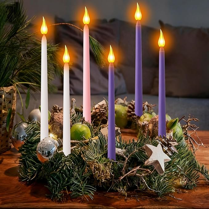 Advent Candles Set of 6, Dripless Advent Taper Candles with 3-Purple 1-Pink 2-White, Christmas Advent Taper Candle 10 Inch Long for Holidays, Celebrations, Devotional, Church, Wreath
