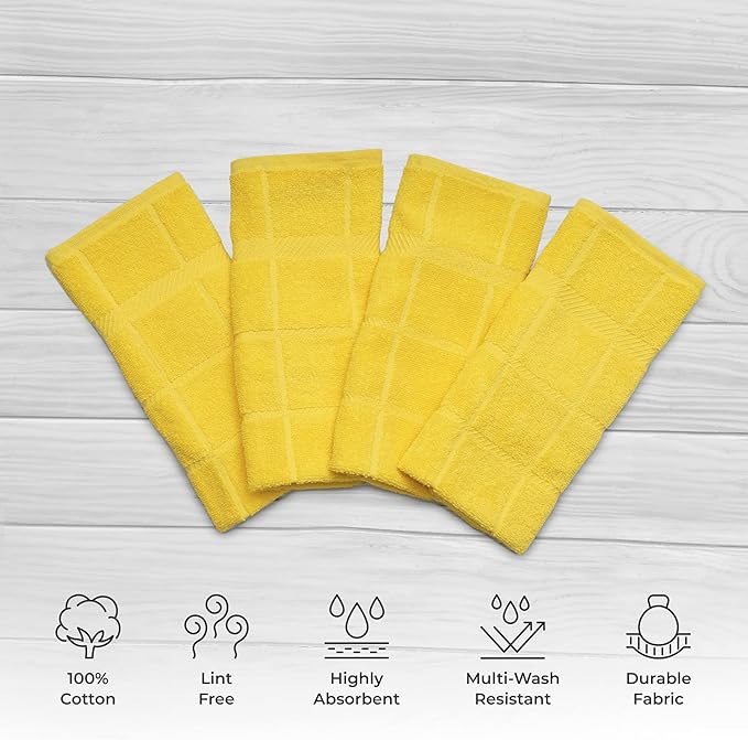 100% Cotton Terry Dish Towels, 4 Pack Plain, 16 x26 Inches, Super Soft and Absorbent Kitchen Towels, Perfect for Kitchen Cleaning and Dish Washing | Yellow