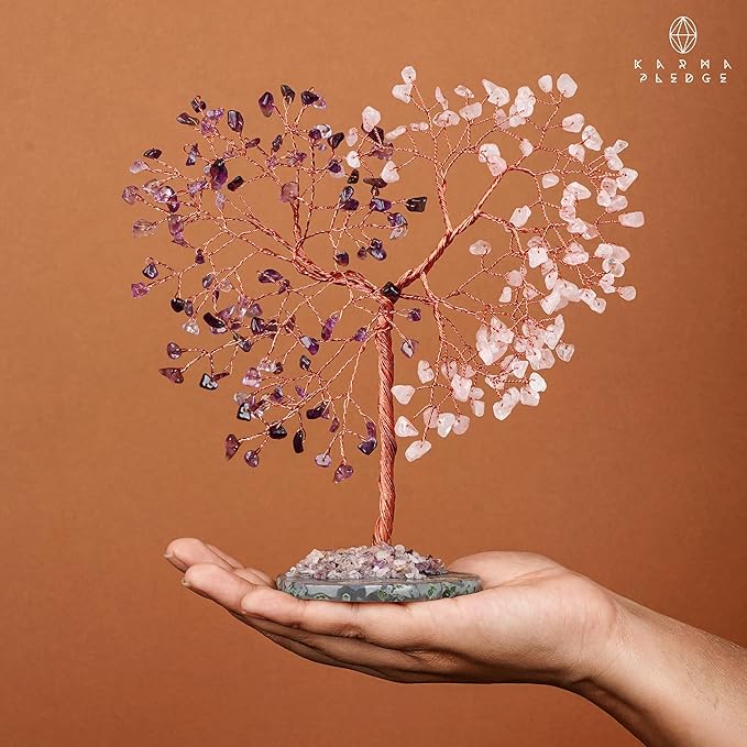 Crystal Tree for Home and Office Decoration, Amethyst & Rose Quartz Healing Stones Handmade Tree of Life for Positive Energy, Money, Good Luck, Christmas Decor, Birthday Gifts for Women, Mom