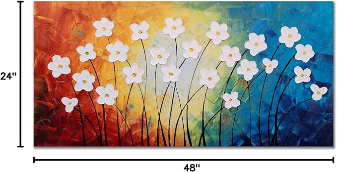 Yihui Arts Flower Pictures Wall Decor Hand Painted 3D Light Blue Yellow Red and White Canvas Oil Paintings Modern Big Horizontal Artwork for Living Room Bedroom Nursery Decoration