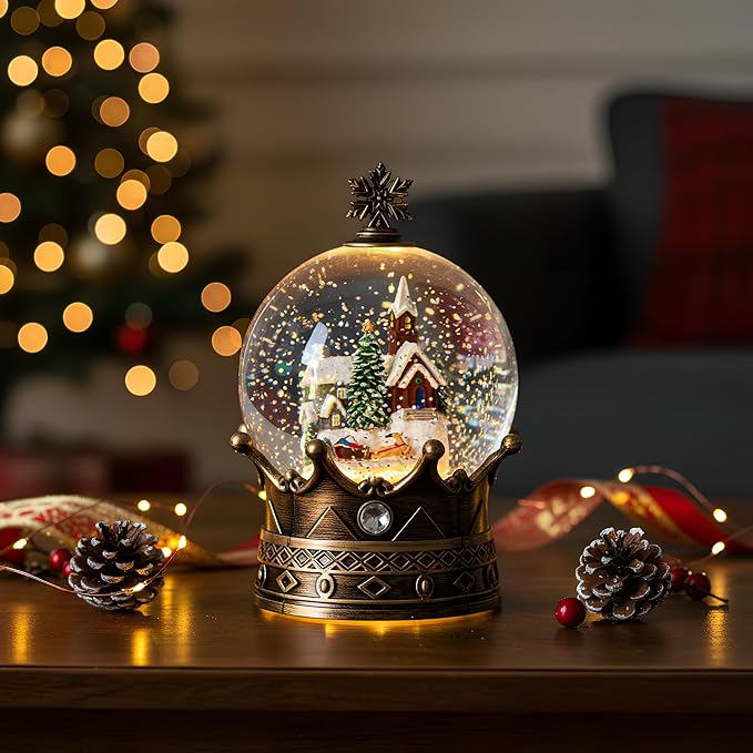Christmas Village Snow Globe, Lighted Village Church and Santa Musical Crown Water Lantern in Swirling Glitter, Christmas Home Decoration and Gift, Battery Operated or USB Powered