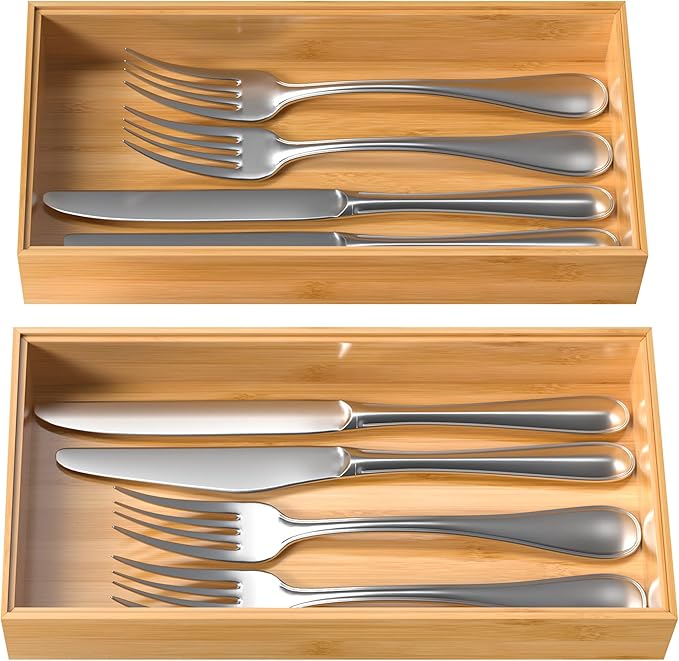 Silverware Tray for Drawer, Stackable Kitchen Bamboo Drawer Organizer 12" x 6" x 2" Set of 2