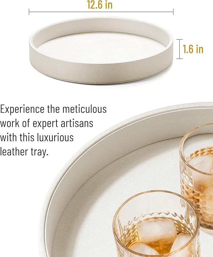 12.6 Inch Round Serving Tray, Home Decorative LeatherOttoman Wooden Decor Platter Bathroom Vanity Tray for All Occasions Anti Slip White