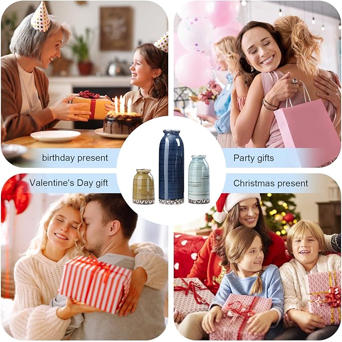 Ceramic Vase Set of 3, Farmhouse Rustic Decorative Vase for Home Decor, Modern Glazed Vase, Table Centerpiece for Living Room, Shelf, Bedroom, Kitchen (Colorful Cracks)