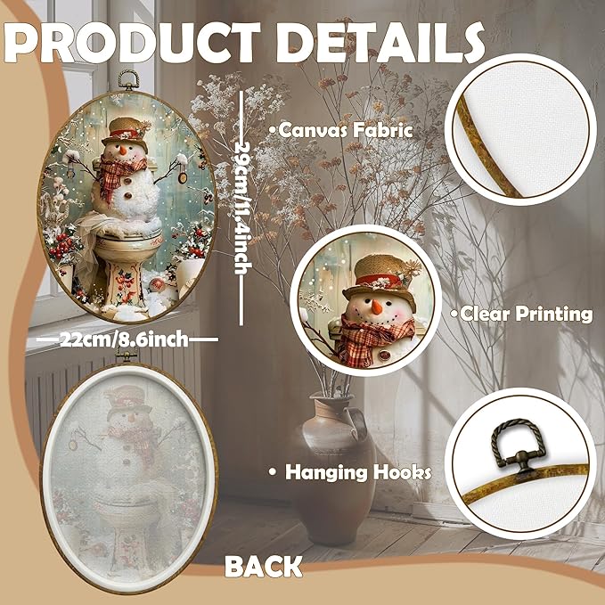 CUANFDDSF Vintage Christmas Snowman Bathroom Oval Wall Art Decor, Funny Winter Xmas Snowman on Toilet Wall Hanging Decor, Christmas Framed Canvas Prints for Bathroom Toilet Washroom, 8.6x11.4 Inch