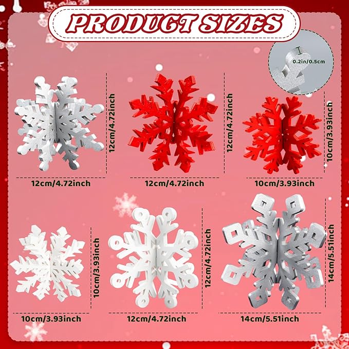 OuMuaMua Winter Christmas Centerpiece Table Decorations - 12pcs Wooden Snowflakes Decor 3D Red White Snowflake Tabletop Decor Snowflake Centerpiece for Xmas Holiday Tiered Tray Winter Farmhouse Decor