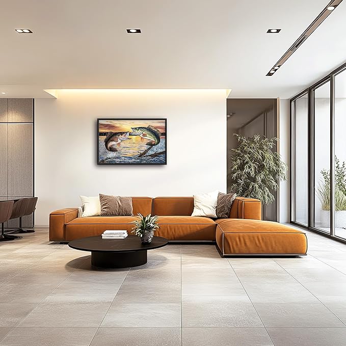 Large Fish Wall Art for Living Room, Framed Bass Fishing Wall Decor, Oversized Rustic Sunset Lake Canvas Painting Fish Pictures Modern Artwork Home Decoration for Living Room Bedroom Office 36"x24"