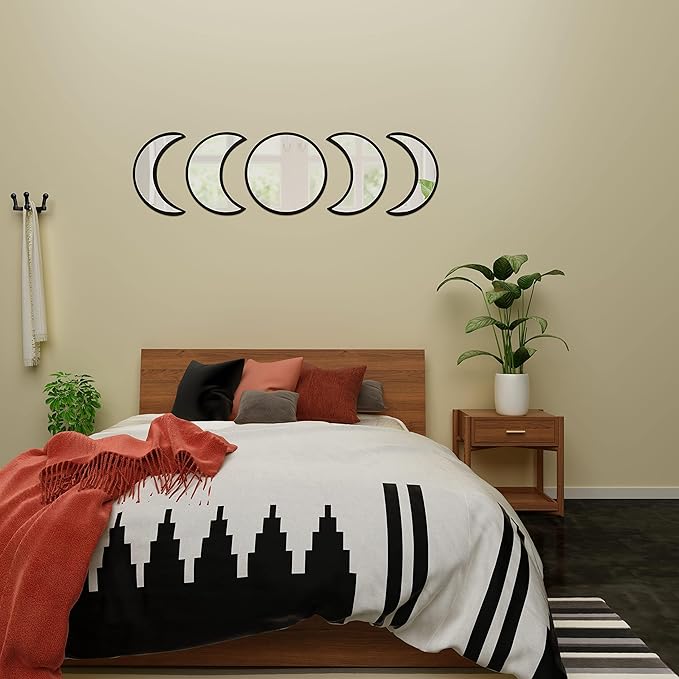 Stylish Moon Phase Wall Mirrors Set – 5-Piece Decorative Acrylic Bohemian Mirrors for Home Decor, Living Room & Bedroom Room(Black)