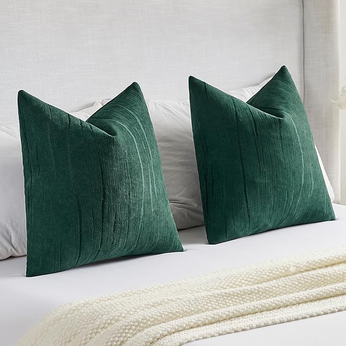 FUTEI Dark Green Chenille Decorative Throw Pillow Covers 22x22 Inch Set of 2,Soft Embossed Striped Textured Cushion Case,Modern Home Decor for Couch Bed Living Room