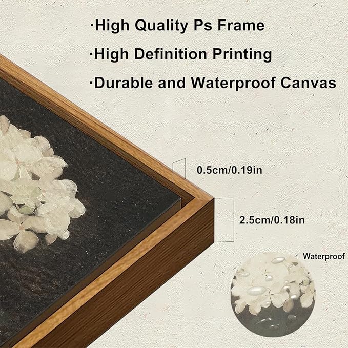 KBKBART Framed Wall Art Vintage Wall Art Room Decor, White Hydrangea Still Life Flower Canvas Oil Painting Prints, Classical Floral Wall Decor, Bedroom Bathroom Pictures Artwork(8“x10