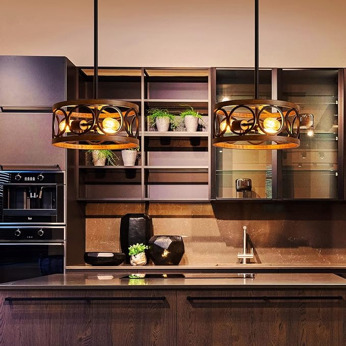 XINGQI Farmhouse Drum Pendant Light Modern 3-Light 13" Chandeliers for Dining Room, Vintage Retro Metal Hanging Light Fixtures for Entryway, Bedroom, Matte Black + Wood Grain Finish