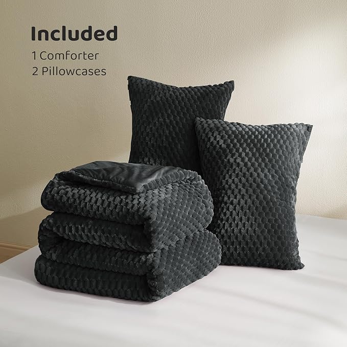 Petrichor Fluffy Twin Comforter Set - Ultra-Soft Black Flannel Thick Comforter for Queen Bed, Luxury Warm Bedding Set for Winter & Fall, Cozy Fuzzy Bed Set 2 Pieces (1 Comforter & 1 Pillowcase)