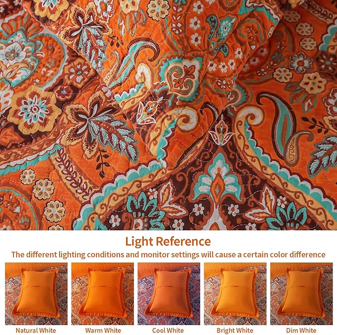 VAPUTAR Cotton Quilt King Size, King Size Quilt Bedding Set with Bohemian Damask Pattern-3Pieces Lightweight Reversible Soft Bedspread Coverlet (98 * 106 in) Suitable for All Season (Light Orange)