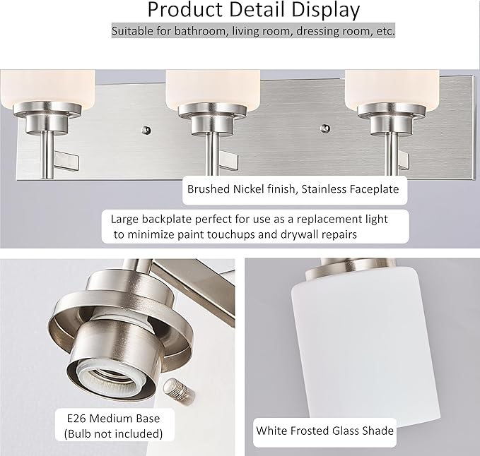 Bathroom Light Fixture, Brushed Nickel | 24 Inch 3 Lights, White Glass Shade, Farmhouse Style - Vanity Lights for Bathroom, Living Room, Bedroom