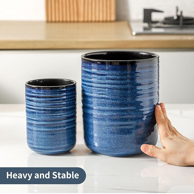 Hasense Ceramic Utensil Holder for Kitchen Counter, 7.4"+5.5" Caddy Set of 2, Large Cooking Holder for Countertop, Crock for Farmhouse Decor, Blue