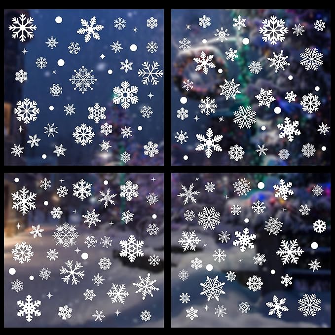 223 Pcs White Snowflake Window Clings, Double-Sided Printed Snowflakes Christmas Window Stickers, Assorted Size Dot Winter Window Decal Decoration for Christmas New Year Party Supplies
