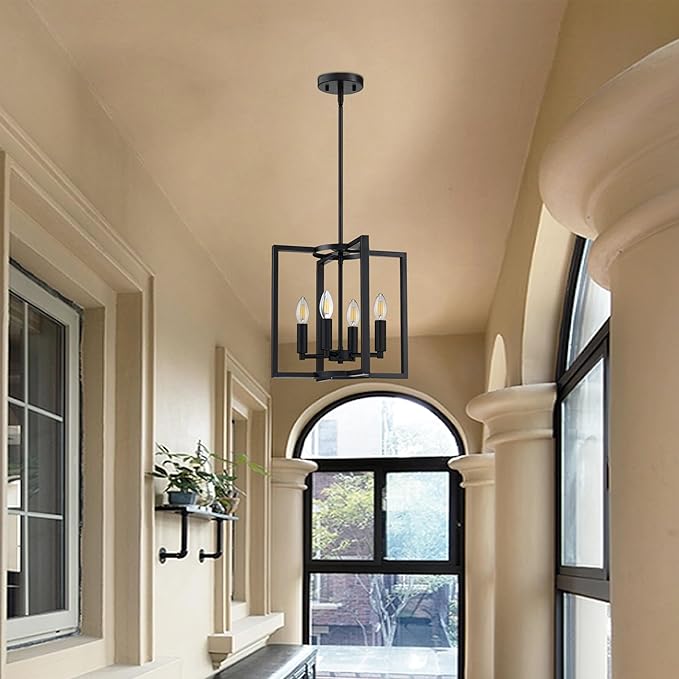 Leading Lighting 4 Light Rustic Kitchen Island Farmhouse Hanging Chandelier Light Fixture,with Black Finish Metal Frame for Entryway Dinning Room Bedroom