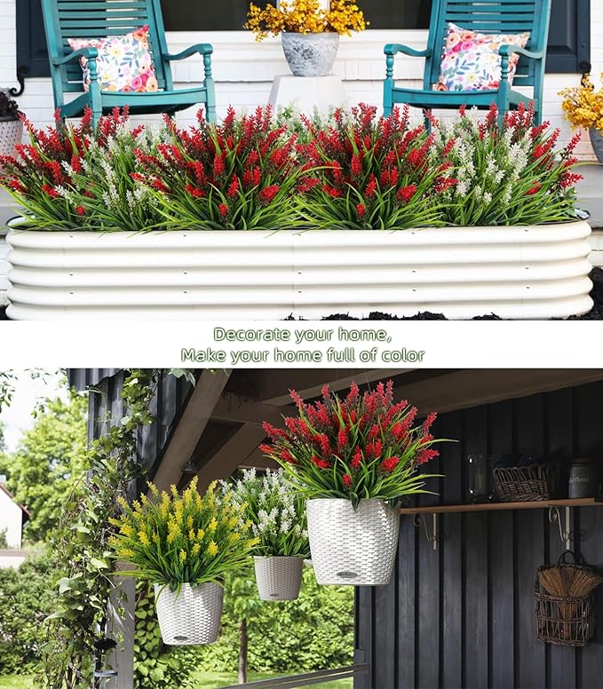 RECUTMS Fake Grass Plant,Fake Plants Outdoor, Artificial Grass, UV Resistant Fake Bushes Plastic Artificial Greenery Shrubs, Faux Greenery for House Garden Patio Front Porch Indoor Decor(Red)