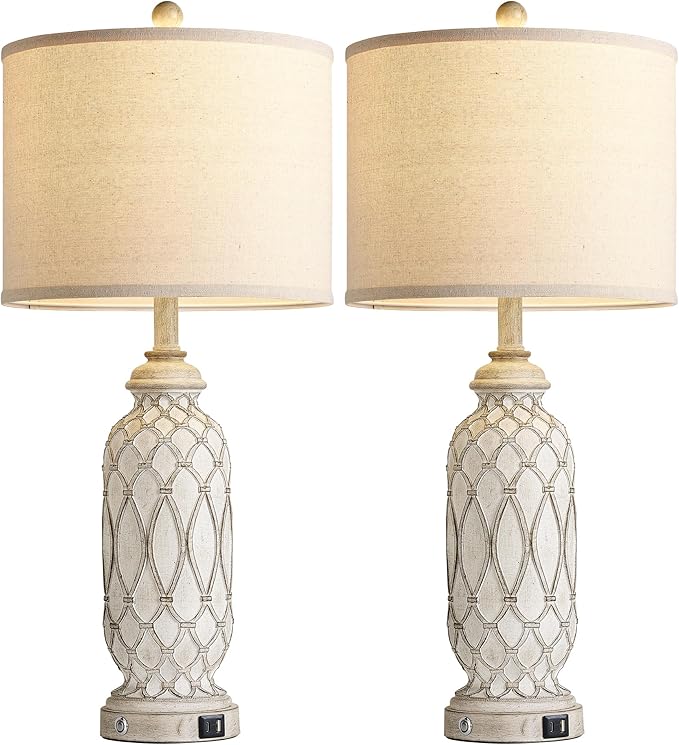 Farmhouse Table Lamps for Bedroom Set of 2, 28" Rustic Bedside Lamp with USB Ports, 3-Way Dimmable Nightstand Table Lamp for Living Room with Linen Drum Shade (Bulbs Included)