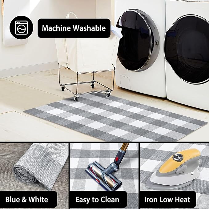 KOZYFLY Buffalo Plaid Area Rug 5 x 7 Ft Gray and White Checkered Rug Washable Outdoor Patio Rugs Cotton Rugs for Living Room Carpet Dining Room Bedroom Farmhouse Rug