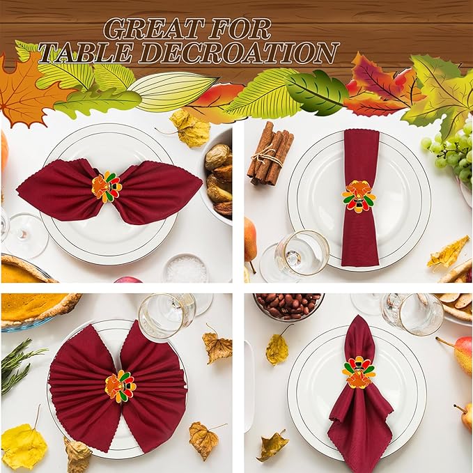 KPOSIYA Thanksgiving Napkin Rings Set of 12, Turkey Napkin Rings Vintage Alloy Fall Napkin Holders for Holiday Dinner Parties, Weddings, Family Gatherings