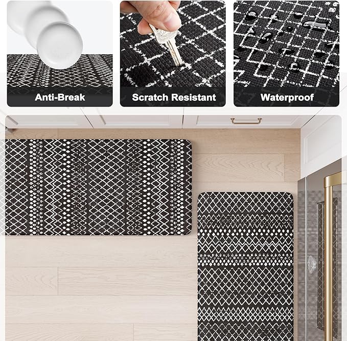 KIMODE Kitchen Mats Cushioned Anti Fatigue, Black Farmhouse Kitchen Rugs Sets of 2, Padded Kitchen Floor Mats, Non Slip Standing Mats for Sink Laundry Office Desk 17"x59"+17"x29"