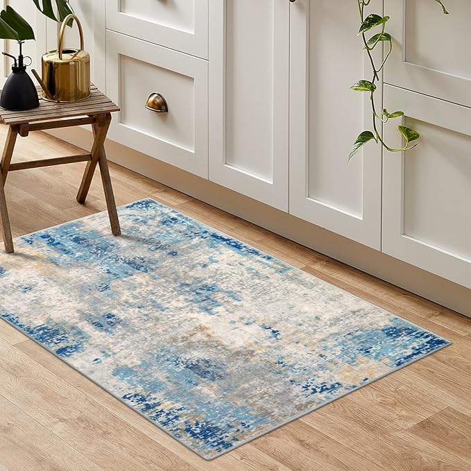 Lahome Modern Abstract Kitchen Rug - 2x3 Washable Small Front Doormat Soft Throw Rugs for Entryway Non-Slip, Contemporary Faux Wool Floor Indoor Carpet for Bathroom, Blue/Yellow/Ivory