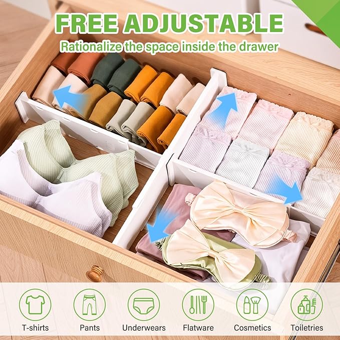 5 Pack Drawer Dividers 3.7" High Slim Organizers Expandable 14.8-25.6" Adjustable Separators for Shallow Drawers Kitchen Utensils Baby Clothes Underwear Storage-White(Long)