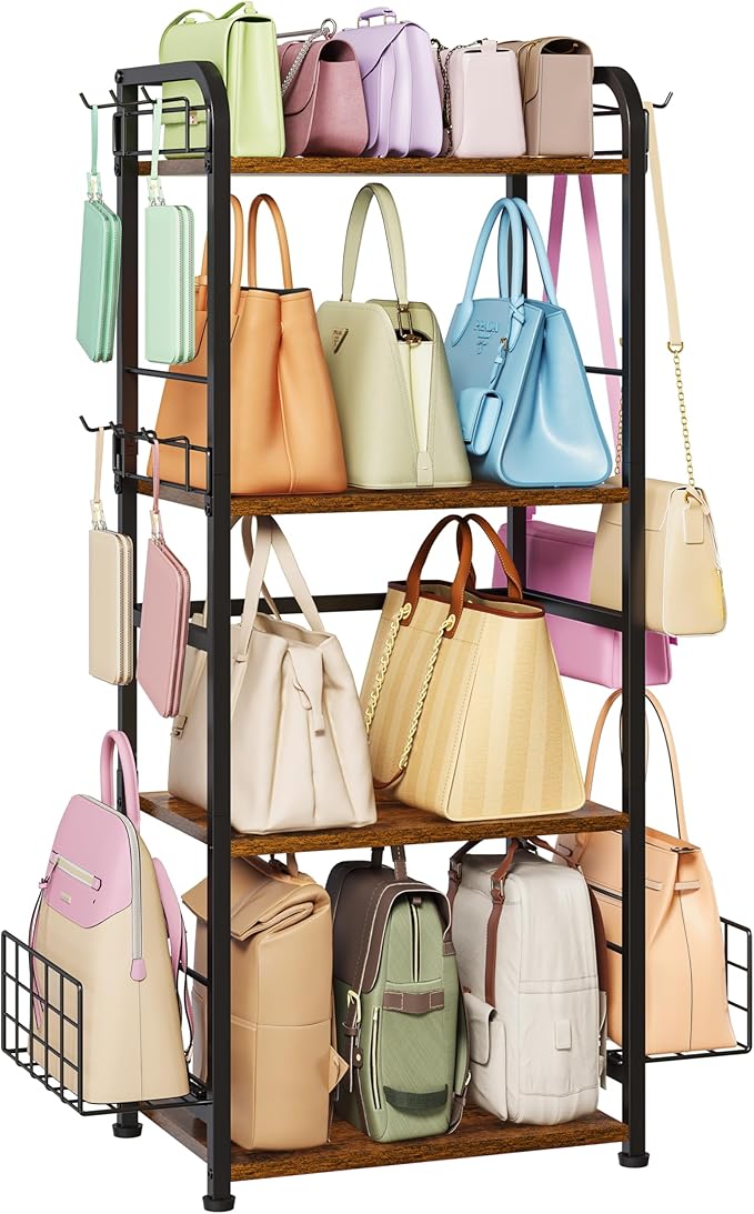 4-Tier Purse Organizer for Closet with 3 Side Hooks and 2 Baskets, High Capacity Purse Rack Stand for Purse Storage, Metal & Wood Handbag Holder for Handbag Organizer, Patent Pending