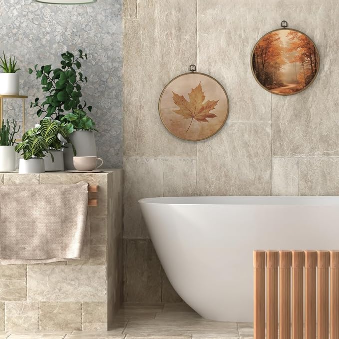 Gnmduw Fall Leaf Wall Art Framed, Fall Wall Decor, Rustic Thanksgiving Autumn Round Hanging Wall Decor, Halloween Autumn Canvas Prints Art for Cottage Core Living Room Bathroom Bedroom, 10x10 Inch