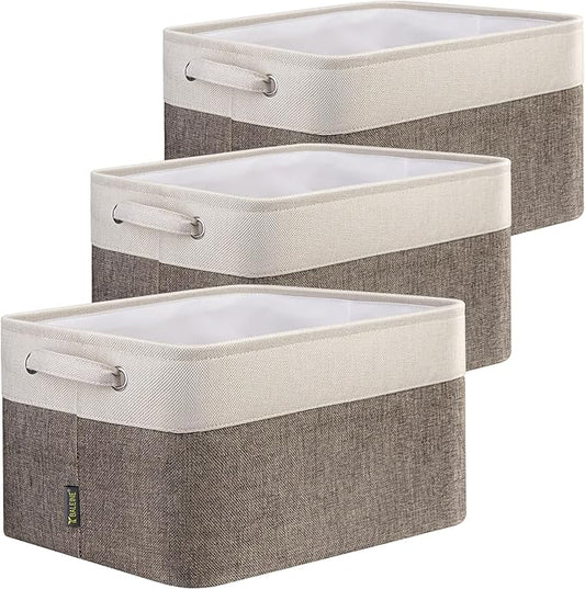 BALEINE 3 Pack Fabric Storage Bins for Shelves, Linen Storage Baskets for Organizing, Decorative Closet Bins for Clothes, Home (Brown, 15"x11"x9.5") 