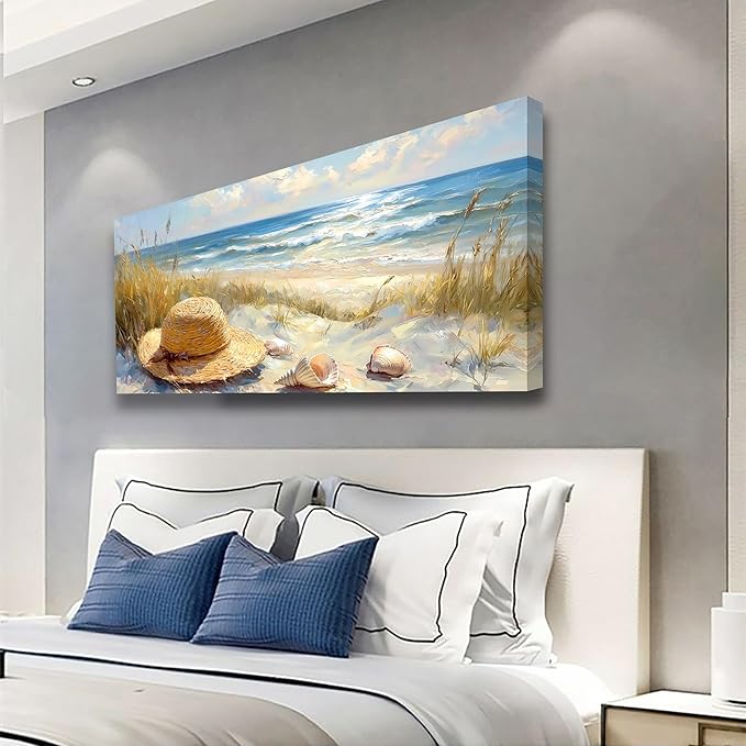 Beach Straw Hat Picture Printed Canvas Wall Art for Living Room, Office, Bedroom Wall Decor, Sea Landscape Wall Art Prints Modern Blue Yellow Landscape Artwork Waterproof Ready to Hang - 20x40 inches