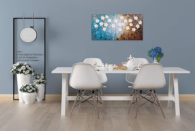 Yihui Arts Flower Painting Hand Painted 3D Brown Light Blue White Canvas Wall Art Giant Contemporary Plant Pictures for Bedroom Living Room Dinning Decoration