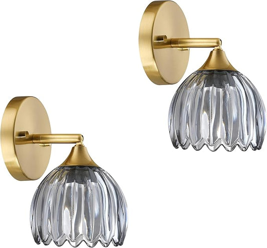 2 Pack 1 Light Vintage Wall Sconces Tulip Gray Glass Lampshade Hradwired Modern Gold Wall Lighting Fixture for Bedside Bedroom Doorway