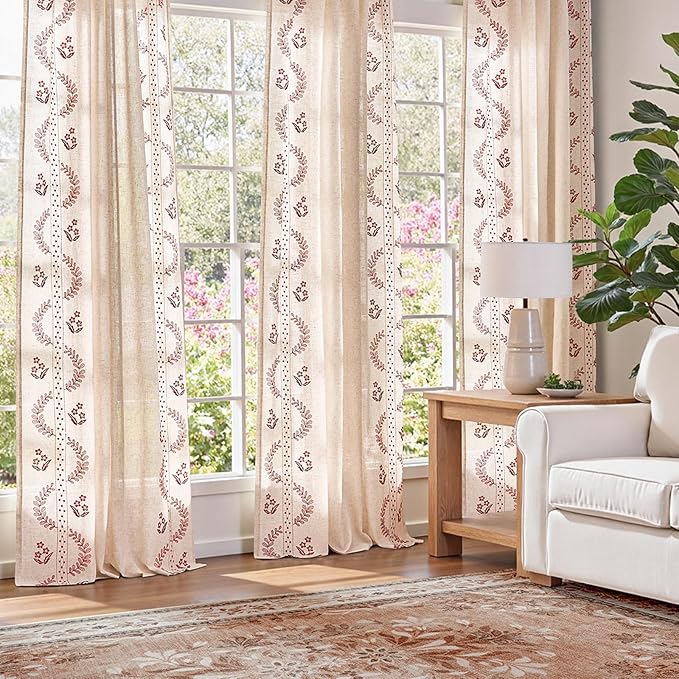jinchan Belrose Linen Curtains for Bedroom Floral Curtains 84 Inch Length Linen Blend Burgundy Red Embroidered Drapes Farmhouse Flower Patterned Drapes for Living Room Window Treatments Set 2 Panels