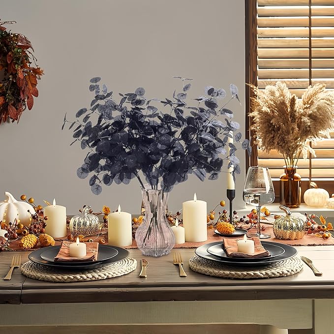 SITUMEIZI 6 Pcs Halloween Black Artificial Eucalytpus Stems Faux Eucalyptus Leaves Branches Tall Bouquet Fall Decor Real Touch Leaf Thanksgiving Table Centerpiece Home Decoration