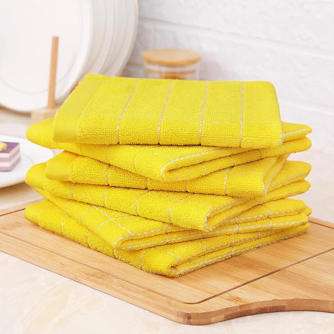 Homaxy 100% Cotton Terry Kitchen Towels(Yellow, 13 x 28 inches), Checkered Designed, Soft and Super Absorbent Dish Towels, 6 Pack