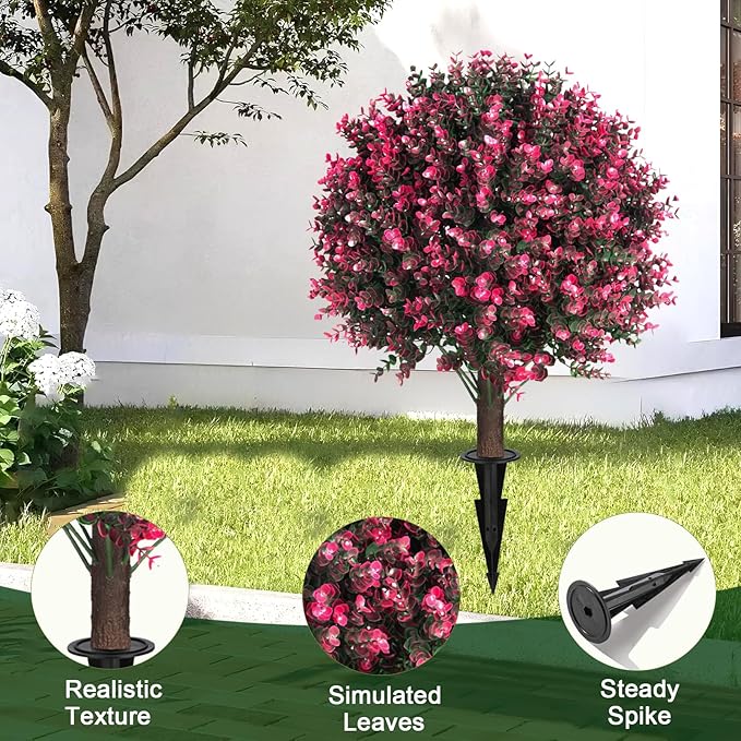 Artificial Rose Boxwood Topiary Ball Bush for Outdoor with Spike, Set of 2 UV Resistant Faux Boxwood Ball Tree with Stake Weatherproof Fake Round Topiary Shrub Plant for Front Porch