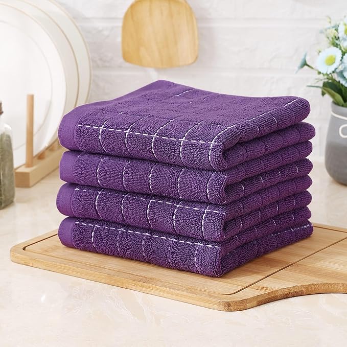 Homaxy 100% Cotton Terry Kitchen Towels(Purple, 13 x 28 inches), Checkered Designed, Soft and Super Absorbent Dish Towels, 8 Pack