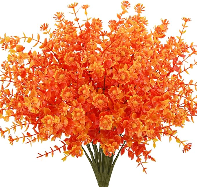 Agusbagli 10Pcs Artificial Fall Flowers Outdoor Autumn Fake Daisy Flowers UV Resistant Faux Plastic Greenery Shrub Plants for Wedding Home Garden Window Box Fireplace Thanksgiving Decor Orange