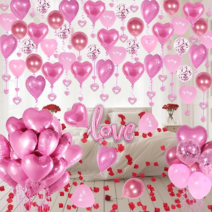 Pink Valentines Day Decorations with Heart Balloons and Love Balloon, Fake Rose Petals for Wedding Decor, Anniversary Decorations Romantic with Pink Latex Balloons and Heart Hanging