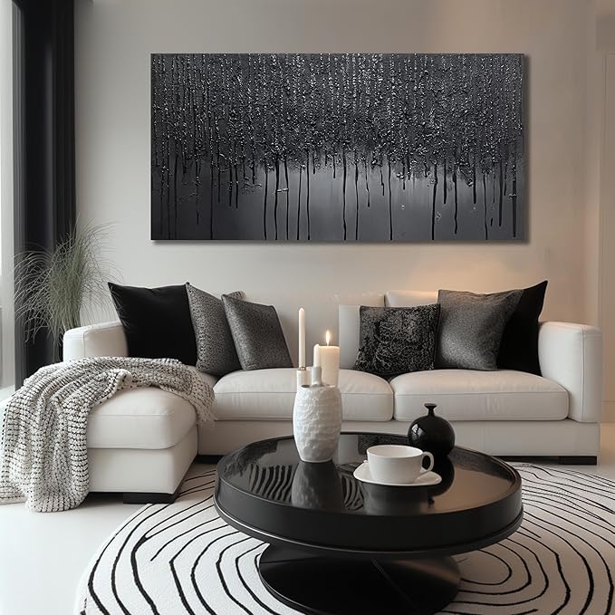 Black Hand Painted Wall Art for Office Abstract Wall Decor for Living Room Big Wall Art for Bedroom Men Size 29 x 58 Inch