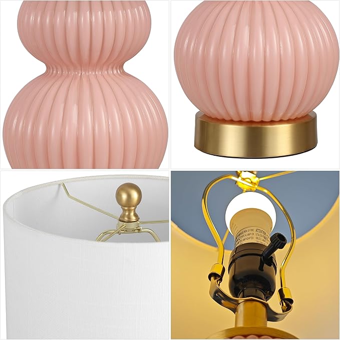 JONATHAN Y JYL1099B Daphne 20" Contemporary Transitional Metal/Glass Ribbed Gourd LED Table Lamp Bedroom, Living Room, Office, Dining Room, Pink/Brass Gold