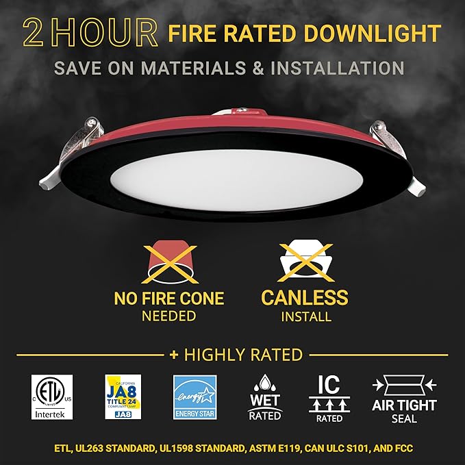 NUWATT 12 Pack, 6 Inch 2 HOUR FIRE RATED LED Recessed Lighting, Selectable 2700K/3000K/3500K/4000K/5000K, 1200 Lumen, Dimmable Wafer Lights, IC Rated, Canless Black LED Ceiling Light, No Tenmat Needed