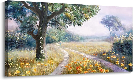 CHATYOUNG Canvas Wall Art Rustic Decor, Tranquil Landscape Prints Wall Pictures Spring Wildflowers Farmhouse Large Paintings 24"X48" for Living Room Bedroom Bathroom Birthday Gift Home Decor