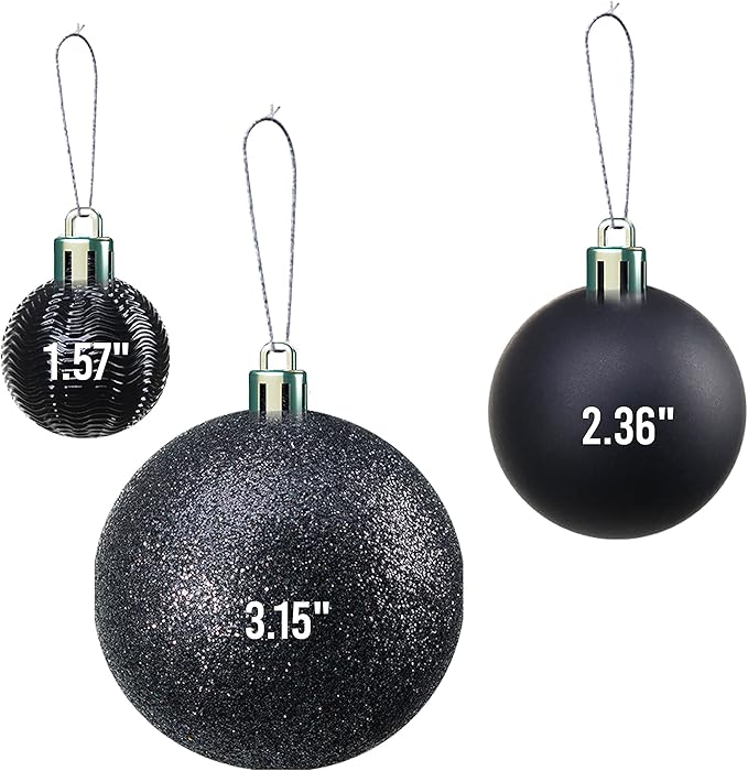 PREXTEX 36-Piece Black Christmas Ornaments - Shatterproof Tree Balls in 6 Styles and 3 Sizes with Hanging Loops to Decorate Black Christmas Tree - Ideal for Indoor and Outdoor Holiday Decor